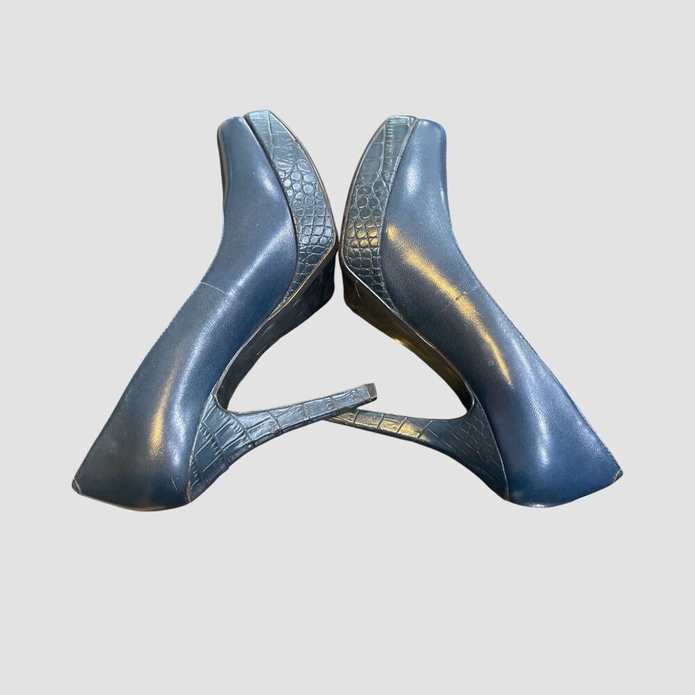 Nine West Heleneo Women's Navy Leather Pump Croc Embossed Platform Heels 6M - Picture 4 of 8